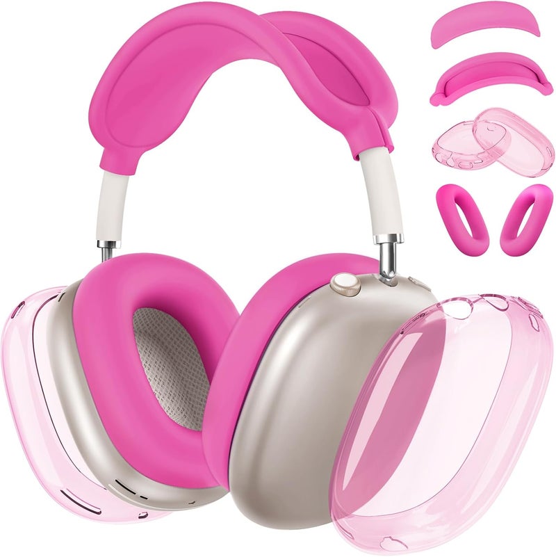 MINDRESY [4 in 1] Silicone Case Cover for AirPods Max, Clear Soft TPU Ear Cups Cover/Ear Pad Case Covers/Headband Covers Transparent Accessories for Apple AirPods Max (2024/2020)(USB-C/Lightning), Hot Pink - Image 1